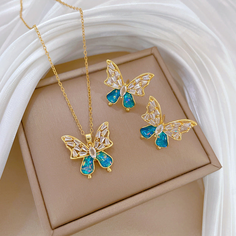 Minimalist Blue Bow Titanium Steel Necklace and Earrings Set with Rhinestone Inlay for Women