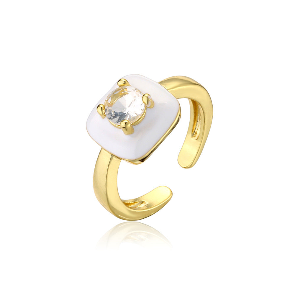 Gold Plated Brass Square Ring with Cubic Zirconia Inlay and Drip Oil Detail for Women