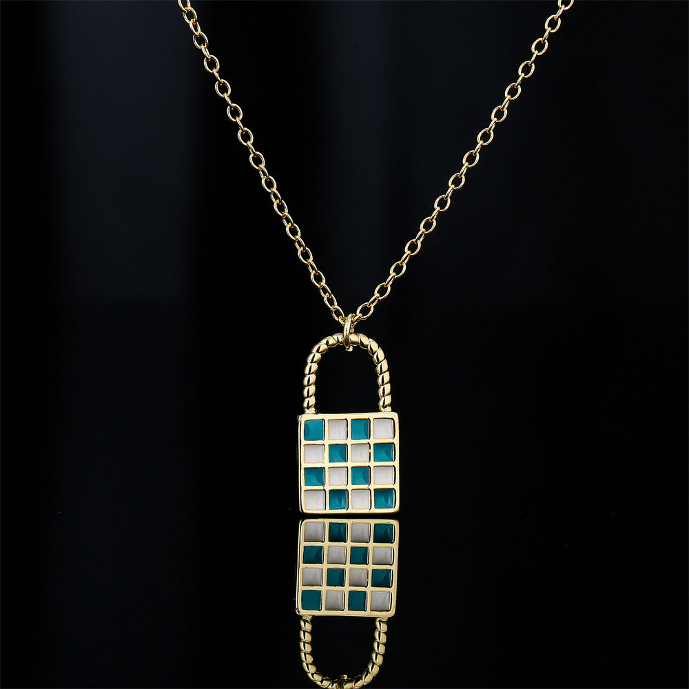Minimalist Geometric Chessboard Pattern Gold Plated Copper Pendant Necklace