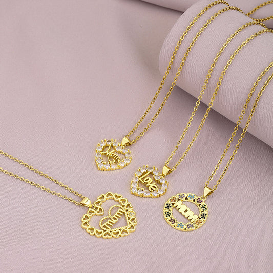 Collana Pendente a Cuore Minimalista in Rame con Intarsio in Zirconi per Donna, Gioielli Personalizzati Eleganti con Nome o Lettera