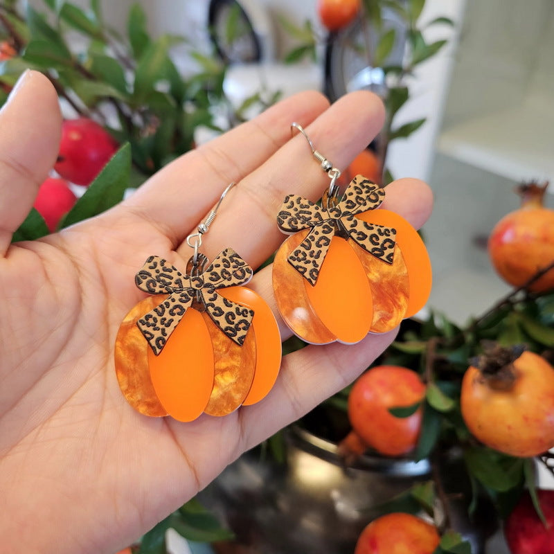 Orecchini Vintage a Forma di Fiocco in Acrilico con Fantasia Leopardata per Halloween, il Ringraziamento e la Stagione Autunnale