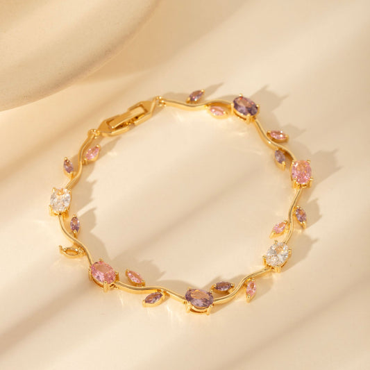 Pulsera de hoja de latón chapado en oro de lujo con incrustaciones de circonita cúbica, diseño floral unisex