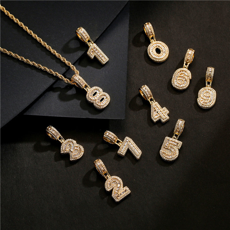 Hip-hop Punk Minimalist Gold Plated Brass Number Cubic Zirconia Pendant Necklace with Rope Chain for Men