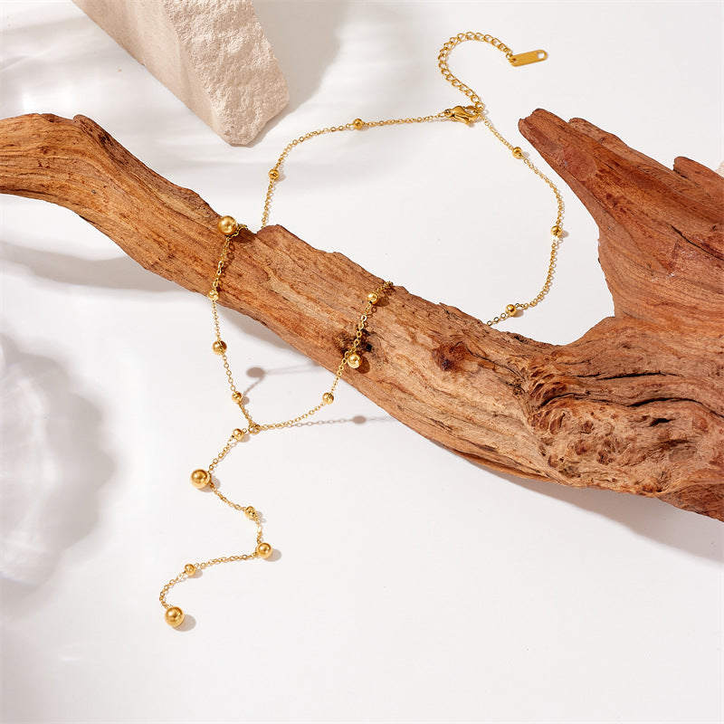 Minimalist Fashion Long Tassel Round Ball Gold-Plated Stainless Steel Pendant Necklace for Women