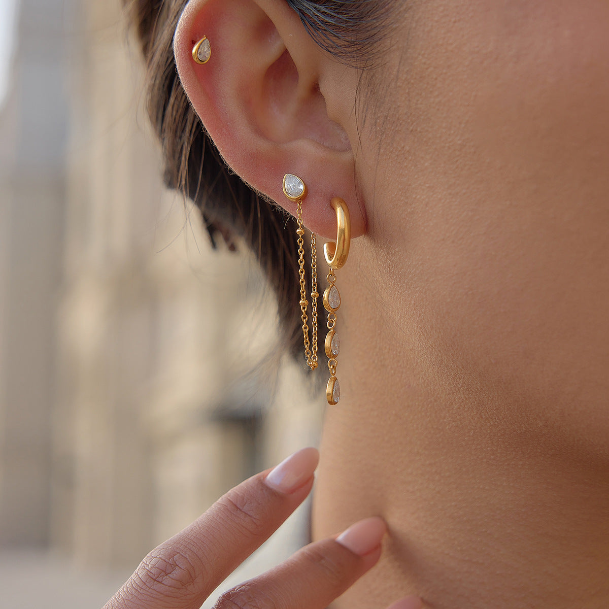 Minimalist Elegant Geometric Stainless Steel Plated Cubic Zirconia Tassel Earrings for Women