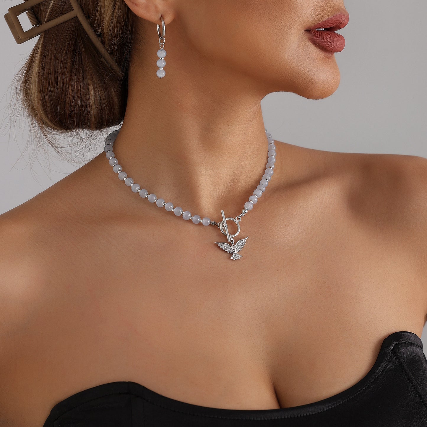 Minimalist Geometric Round Heart Rhinestone Inlay Alloy Beaded Necklace for Women