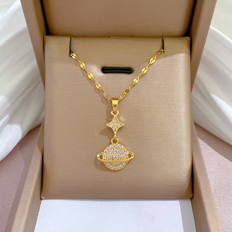 Collar con colgante de luna geométrica para mujer en acero de titanio con acabado chapado, elegante cadena de clavícula para bodas y fiestas
