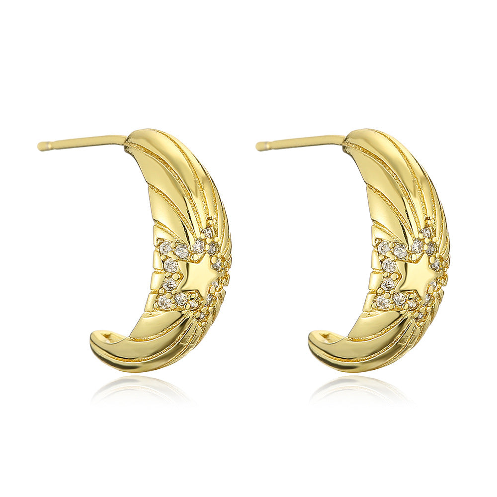 Geometric Star-Shaped Copper Earrings with 18K Gold Plating and Micro-Pave Zirconia for Women
