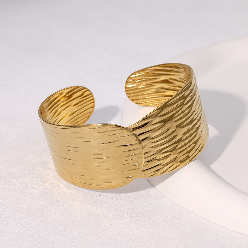 Vintage French Minimalist Wide Stainless Steel Irregular Open Bangle Bracelet for Women with Gold Plating