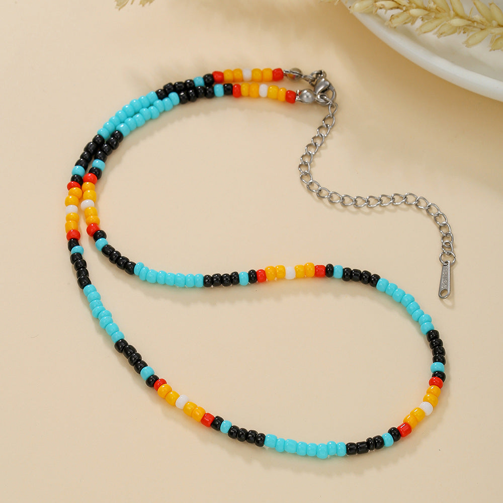 Bohemian Casual Geometric Round Glass Bead Stainless Steel Ball Chain Necklace for Women