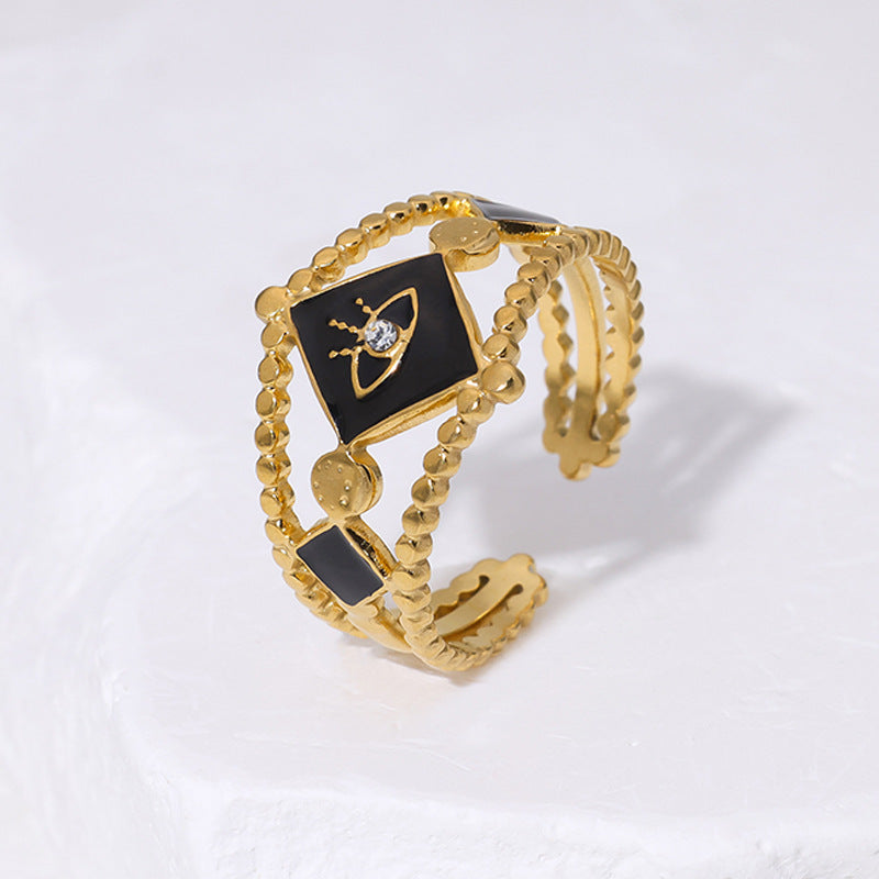 Fashion French Style Evil Eye Rhombus Shape Stainless Steel 18K Gold Plated Enamel Adjustable Ring for Women
