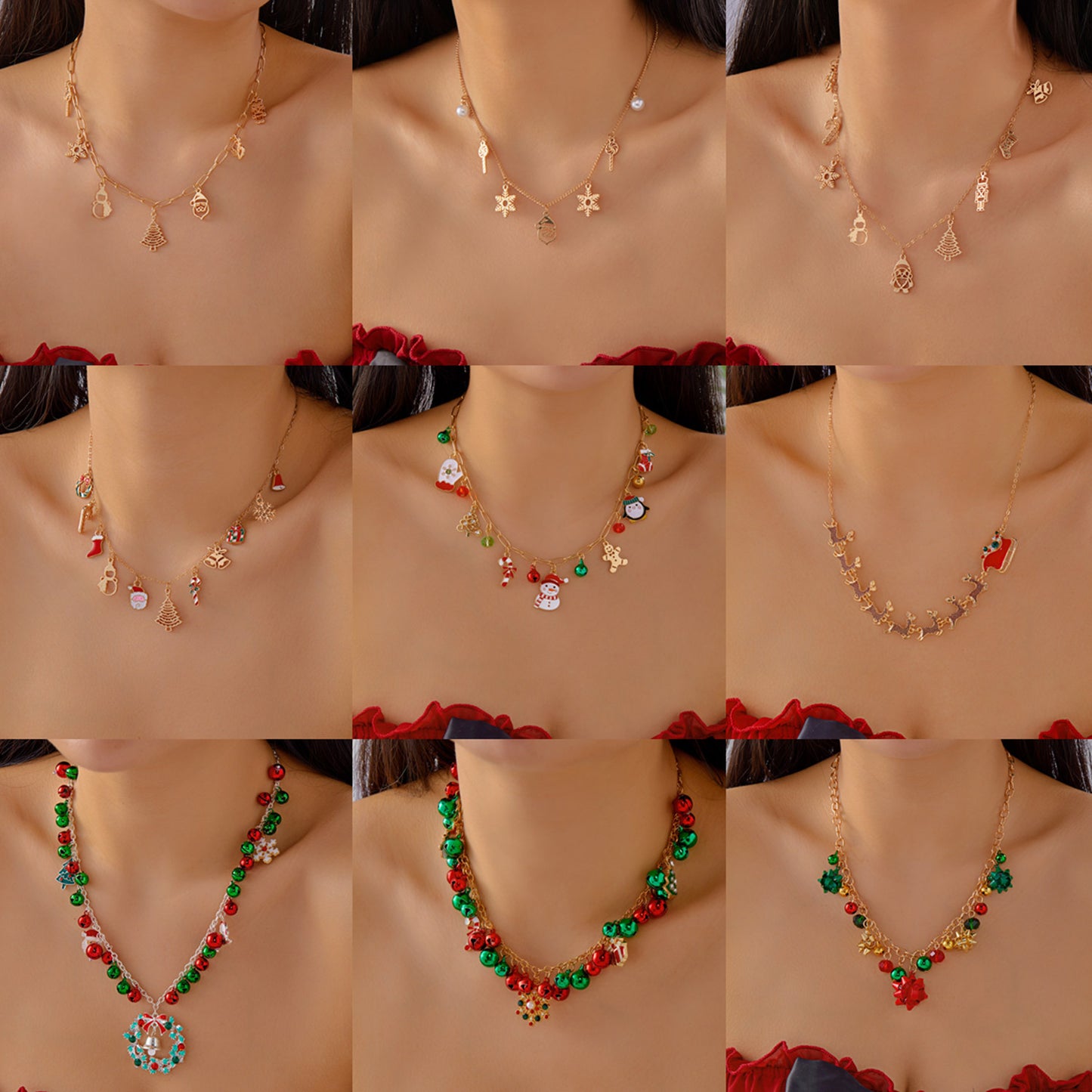 Christmas-Themed Pendant Necklace with Bell and Reindeer Charms, Zinc Alloy, Electroplated, Unisex Holiday Choker