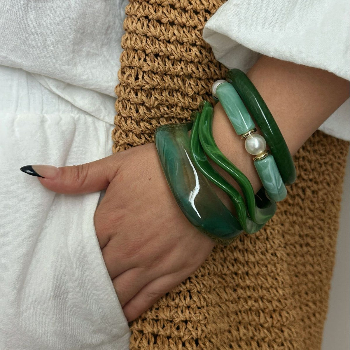 Vintage Green Acrylic Drip Oil Bracelet Set Geometric Round Square Design