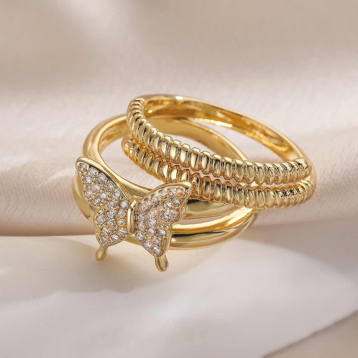 Minimalist Butterfly-Shaped Copper Ring with Gold Plating and Zircon Inlay for Women