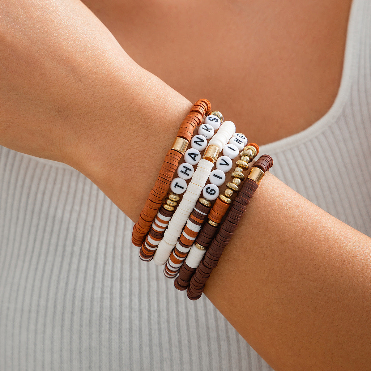 Minimalist Acrylic Letter Leaf Plated Bracelet Set for Women Thanksgiving Gift