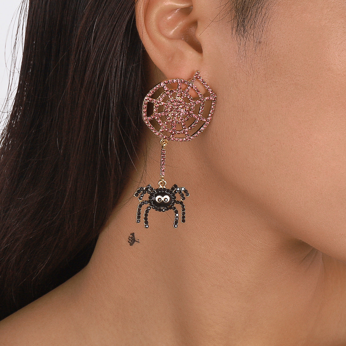 Dark Gothic Geometric Spiderweb Earrings for Women with Alloy Base Rhinestone Inlay and Enamel Finish