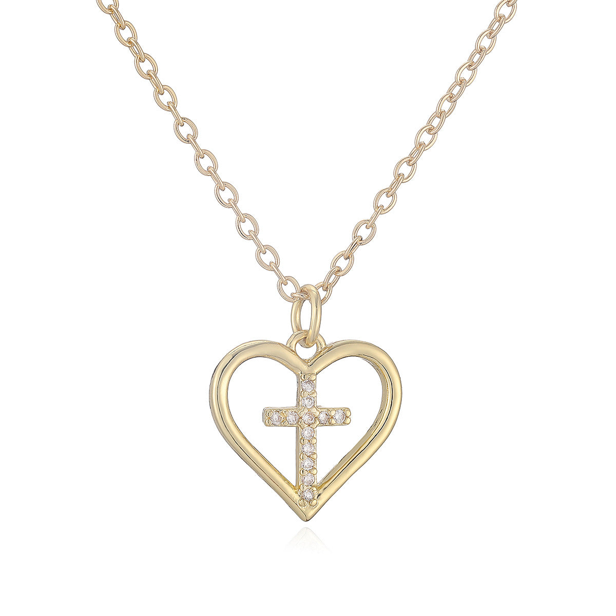 Minimalist 18K Gold Plated Brass Cubic Zirconia Heart Cross Pendant Necklace