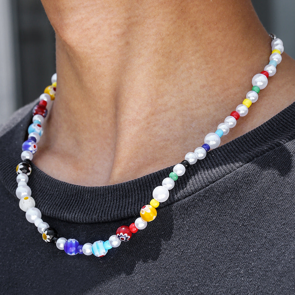 Minimalist Hip-hop Geometric Round Resin Bead Stainless Steel Necklace Unisex Cable Chain