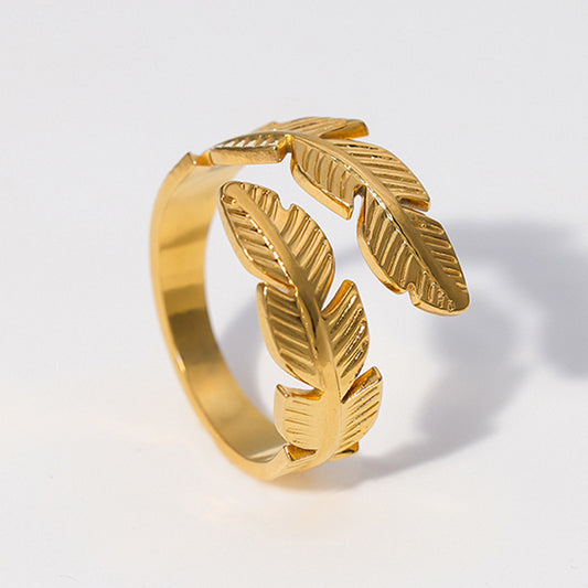 Minimalist Feather-Shaped Stainless Steel Adjustable Open Ring for Women with Gold Plating