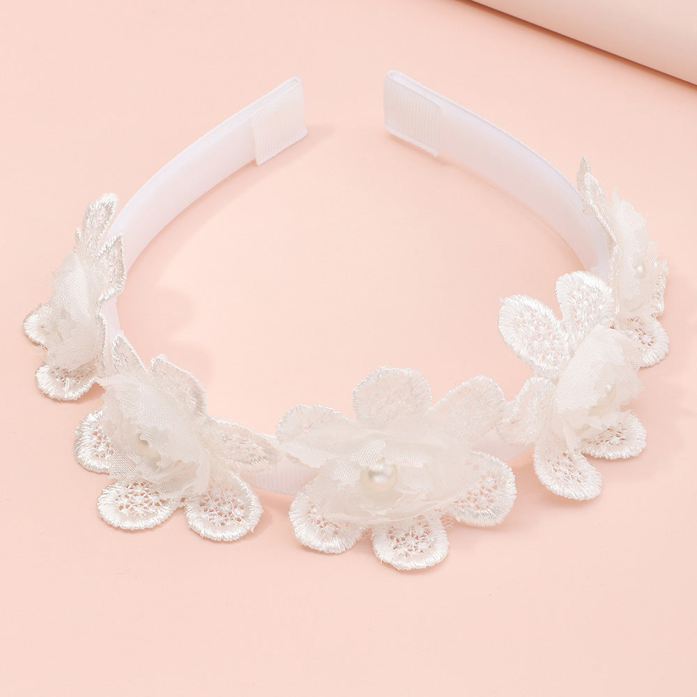 Diadema floral de princesa para niñas Diseño de pétalos hecho a mano adornado con perlas y ribete de encaje Diadema de tela para sesiones de fotos y ocasiones especiales de niños