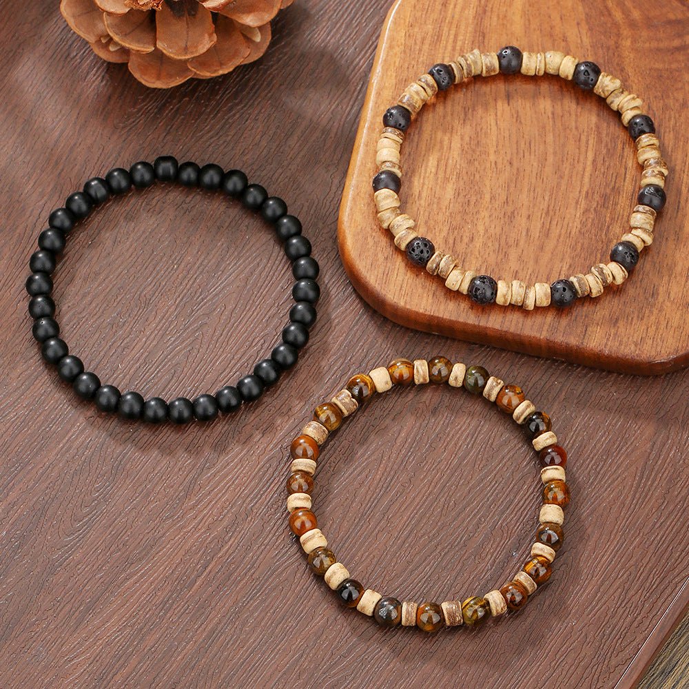 Bracciale elastico da uomo stile vintage con perline in occhio di tigre e legno, design geometrico rotondo