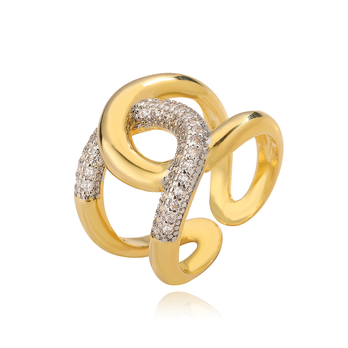 Anello Aperto Geometrico alla Moda da Donna con Base in Rame Placcata in Due Tonalità e Intarsio di Zirconi