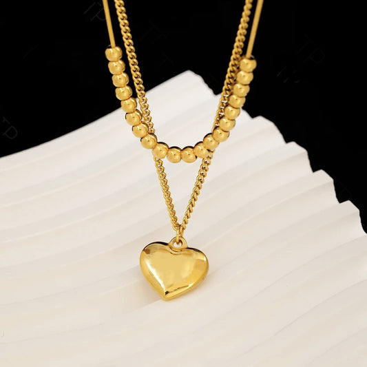 Minimalist Heart Pendant Necklace in Titanium Steel with Plated Finish for Women Double-Layer Clavicle Chain