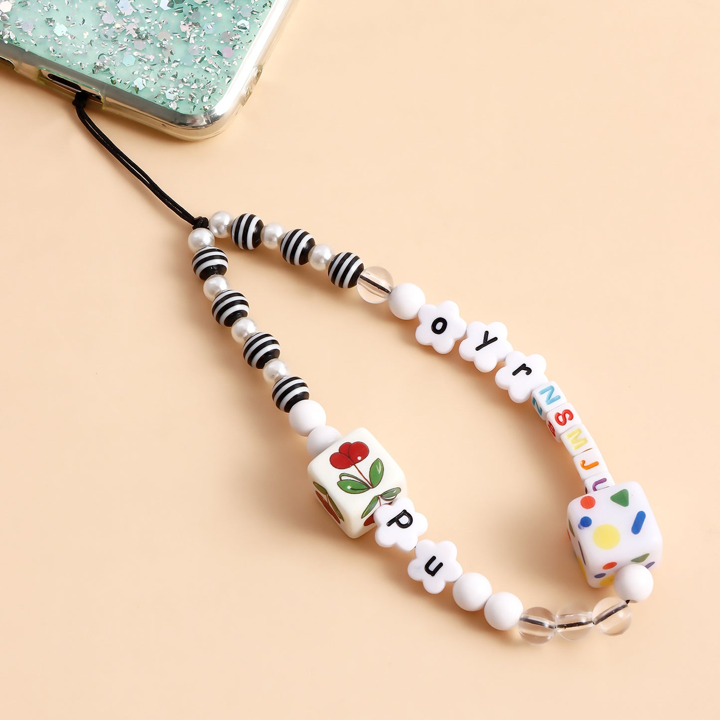 Sweet Colorful Acrylic Beaded Phone Chain with Heart Teardrop and Round Charms