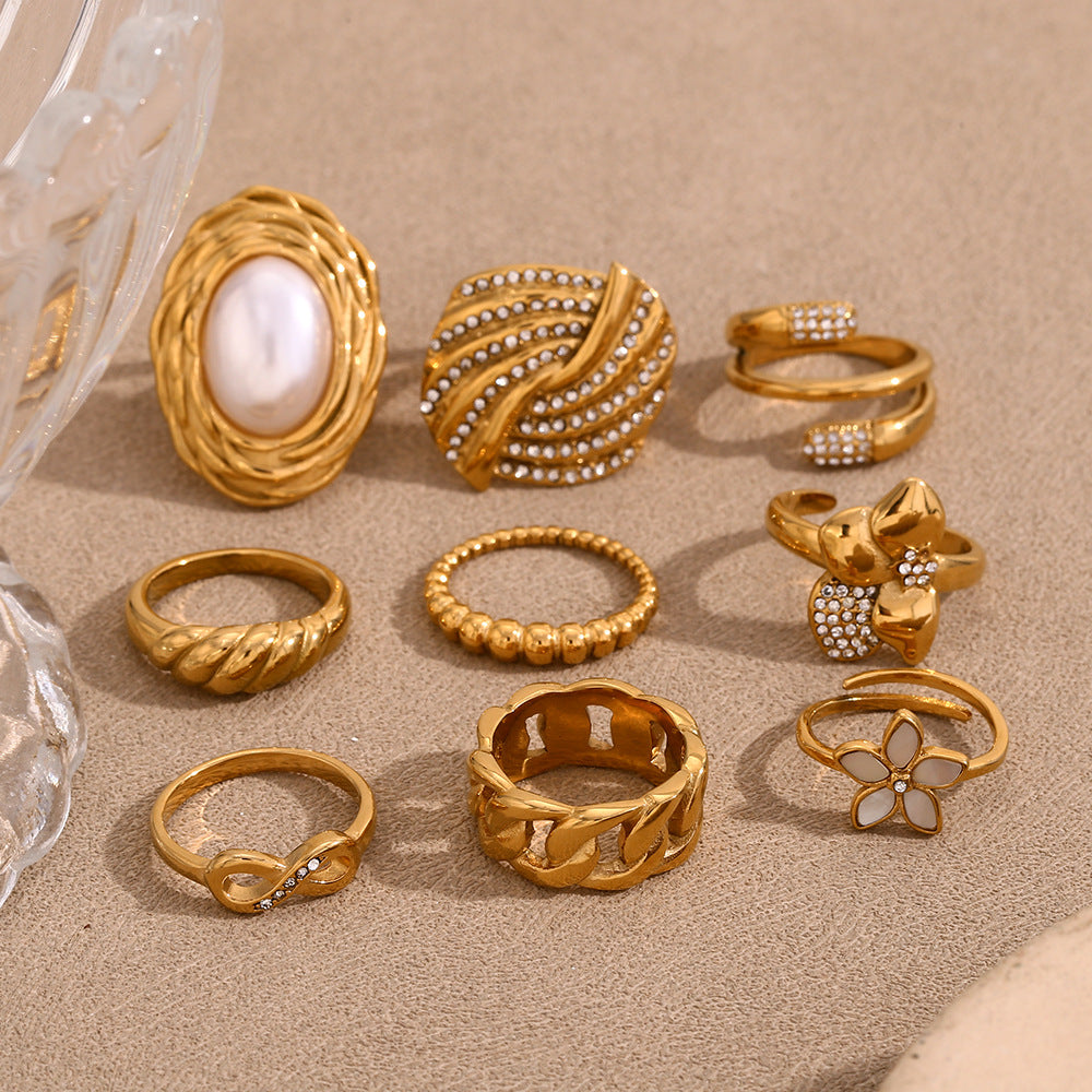 Anello da donna in acciaio inossidabile placcato oro 18K con motivo floreale e spighe di grano d'ispirazione vintage