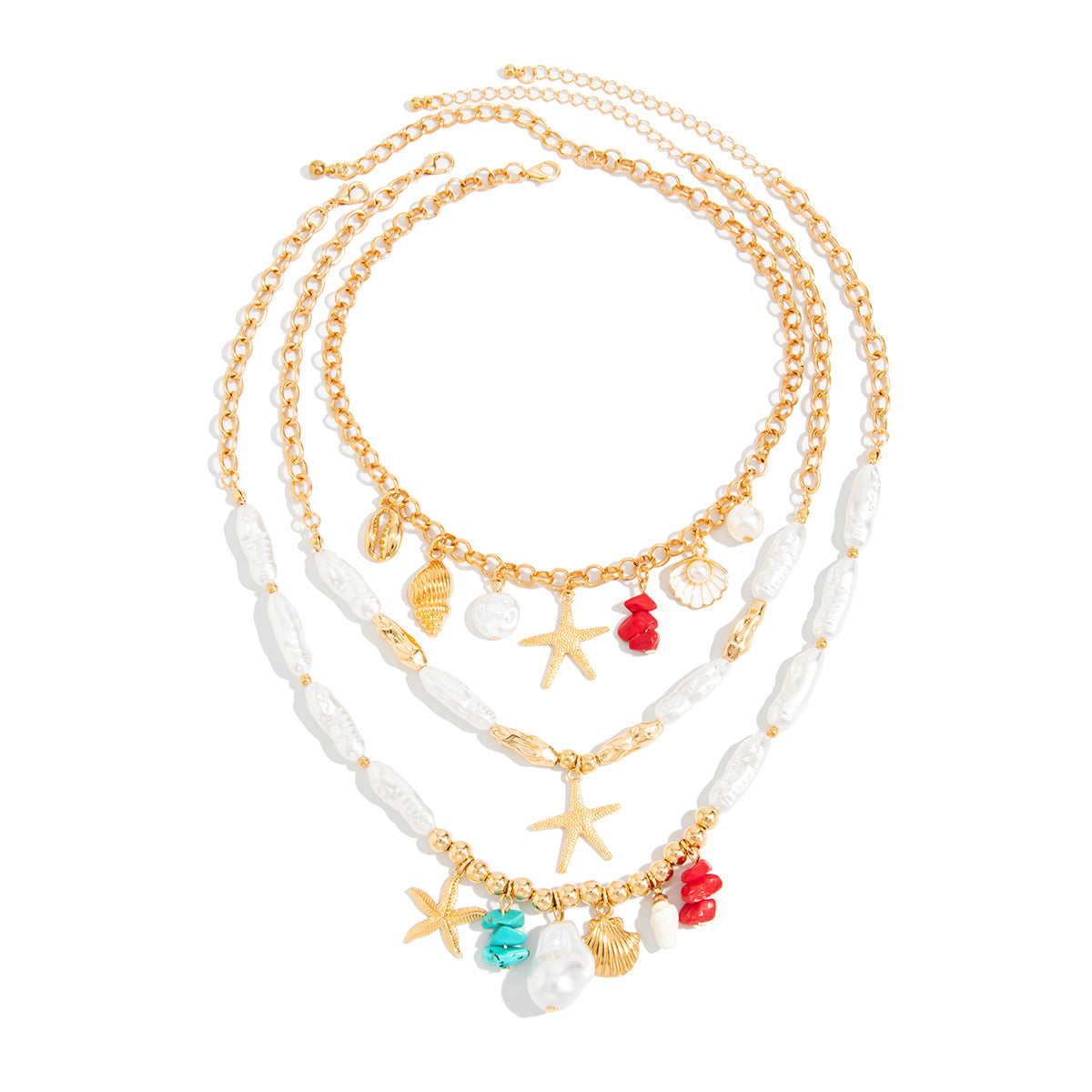 Sweet Plated Zinc Alloy Starfish and Pearl Pendant Necklace for Women