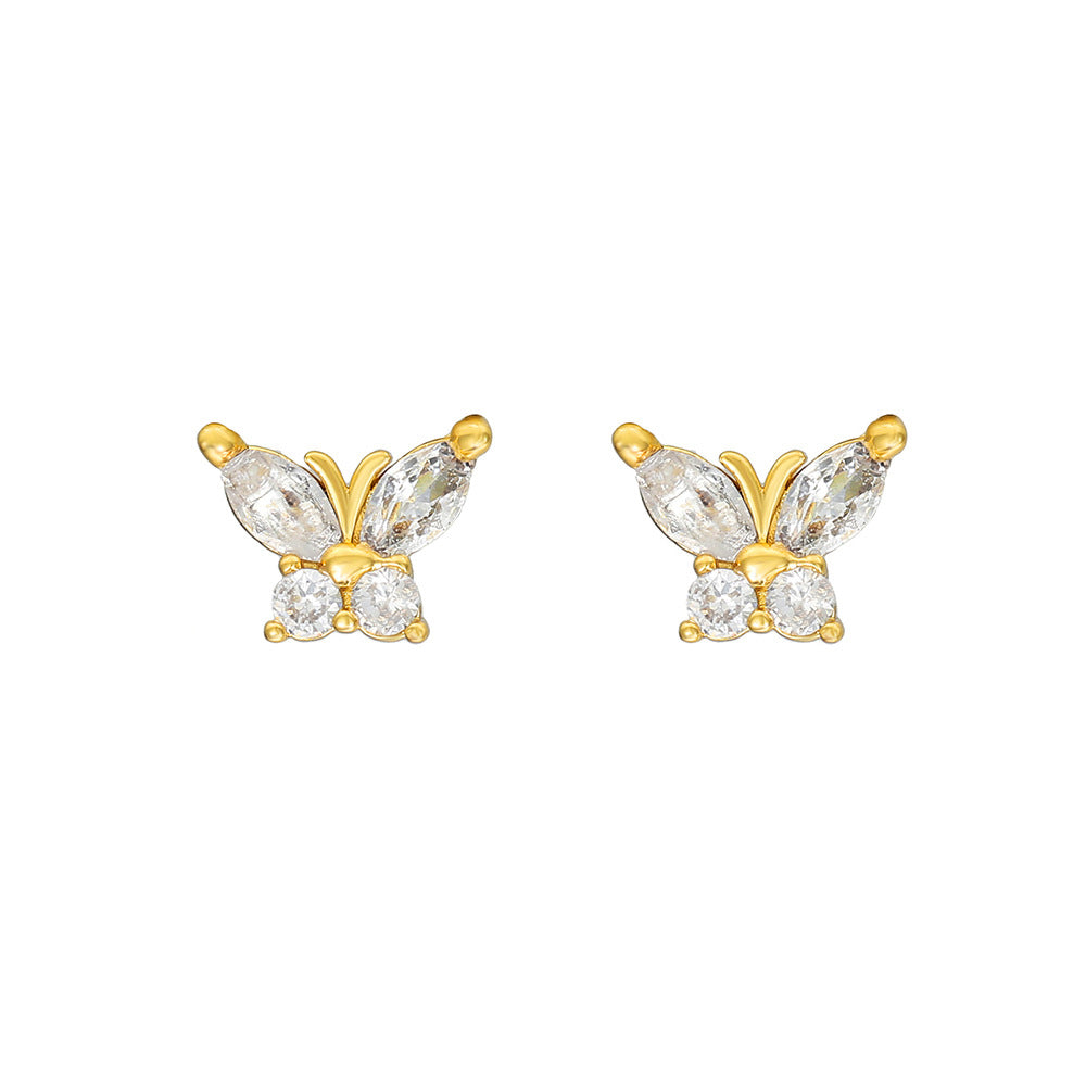 Orecchini a perno da donna a forma di farfalla, ape, croce e cuore in lega con intarsio di strass e finitura galvanica, stile fresco e minimalista