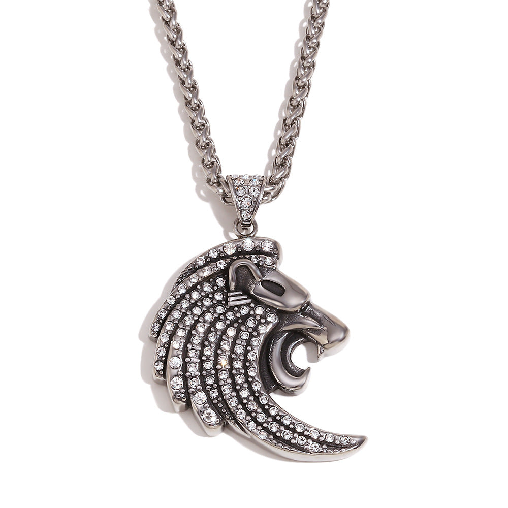 Hip Hop Style Lion Pendant Necklace for Men Stainless Steel with 18K Gold Plating and Full Rhinestone Accents on Standard Chain