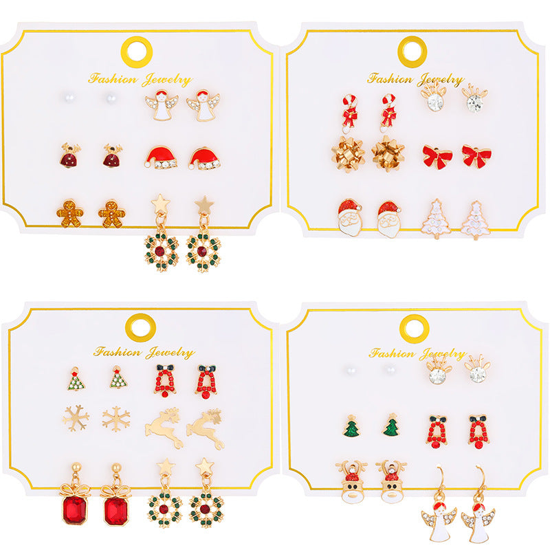 Christmas Elk and Santa Snowflake Earrings Set for Women Alloy Geometric Studs with Rhinestone Inlay Festive Holiday Jewelry