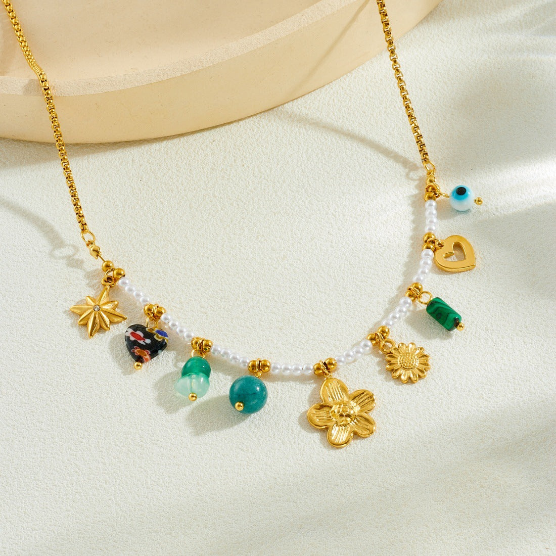 Vintage Gold Plated Heart Camellia Turquoise Stainless Steel Necklace Box Chain