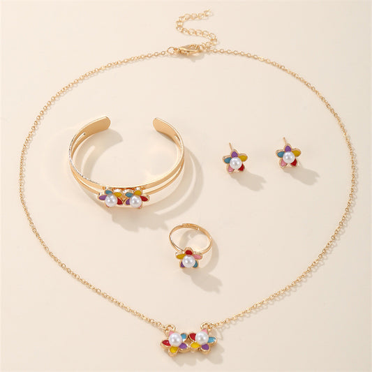 Minimalist Floral Design Alloy Pendant Necklace Set with Earrings Bracelet and Ring for Girls