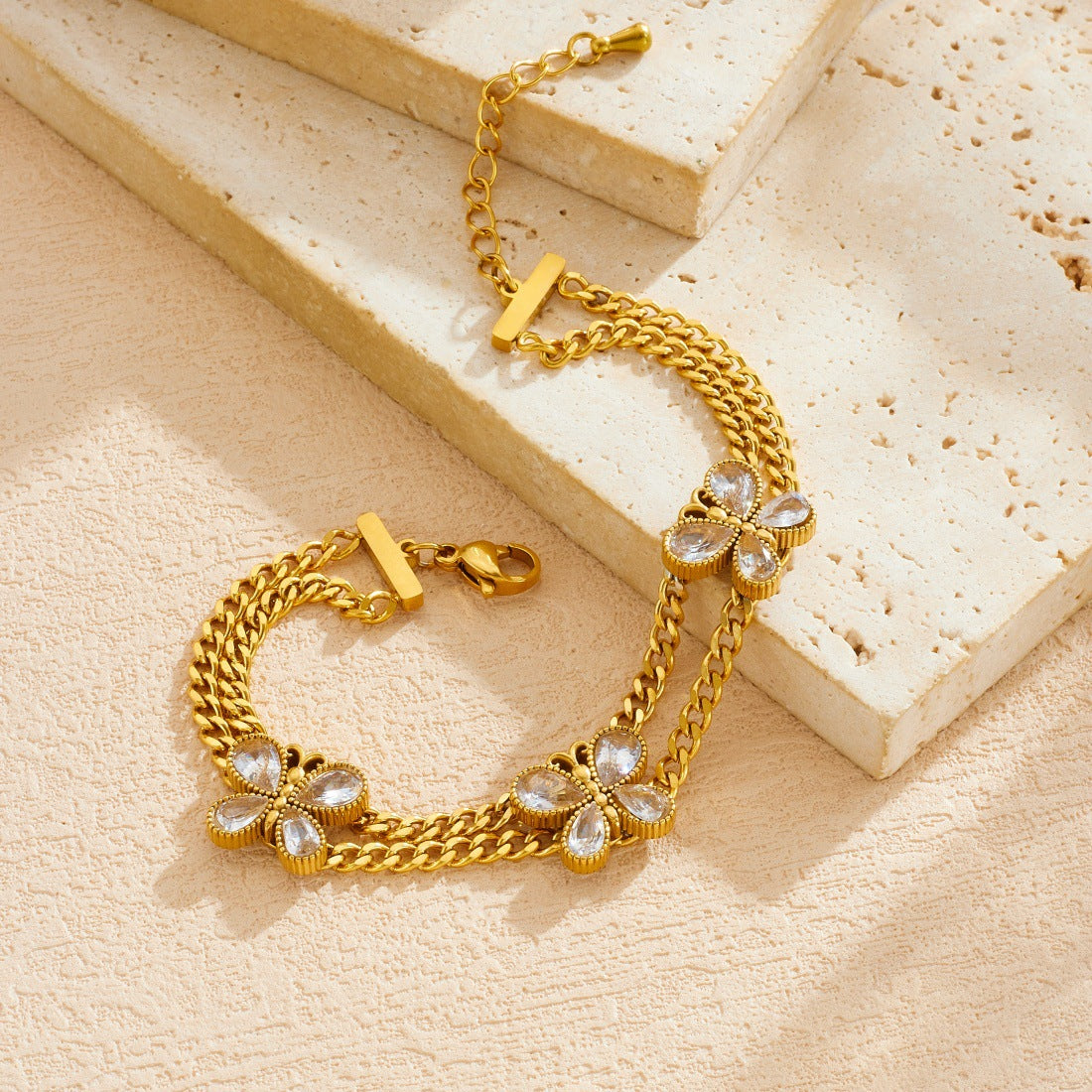 Gold Plated Stainless Steel Butterfly Rhinestone Double Layer Chain Bracelet for Women