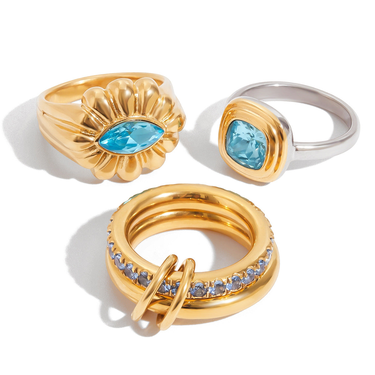 Anillo de Acero de Titanio Geométrico con Zirconia Azul para Mujer con Acabado Chapado Joyería de Lujo Minimalista