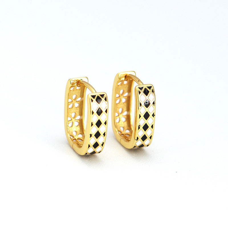 Sweet 925 Sterling Silver Geometric Checkered Drip Oil U-Shaped Hoop Earrings