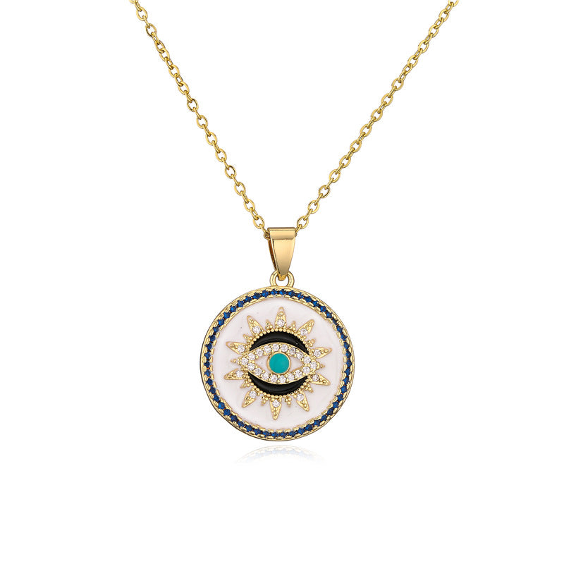 Geometric Brass Drip Oil Inlaid Cubic Zirconia Evil Eye Pendant Necklace with Cable Chain