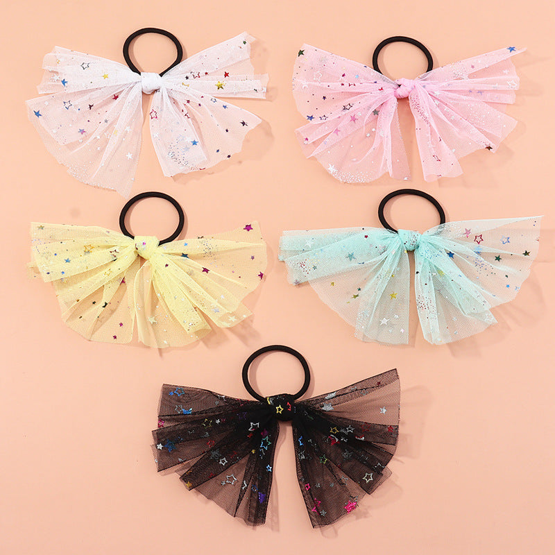 Fermacapelli vintage coreano con stella e fiocco per bambine, con tulle e paillettes