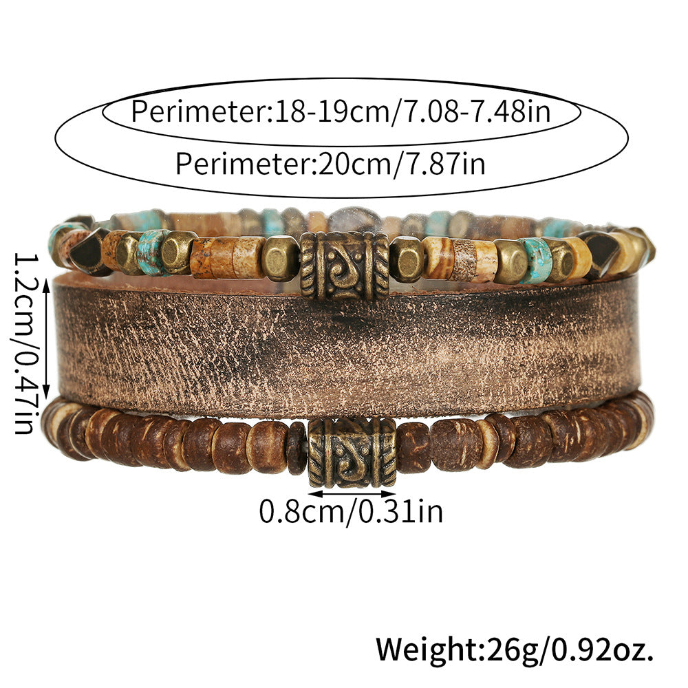 Vintage Round Leather Alloy DIY Charm Bar Bracelet Set Unisex