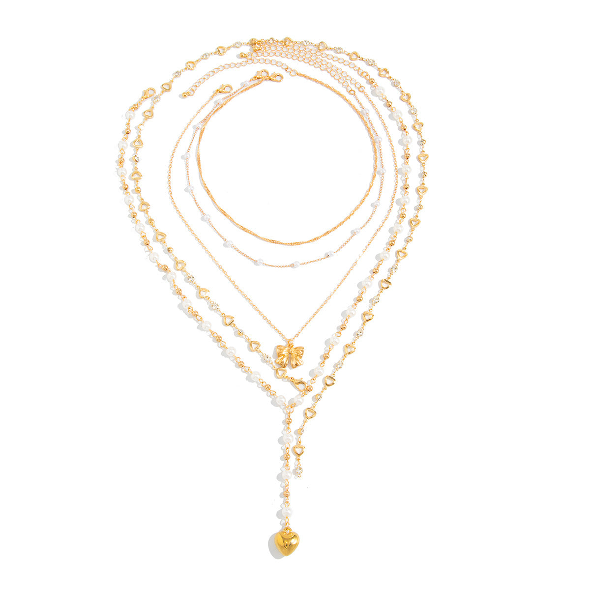 Sweet Heart Bowknot Faux Pearl Pendant Necklace Zinc Alloy Plated Y-Chain Jewelry for Women