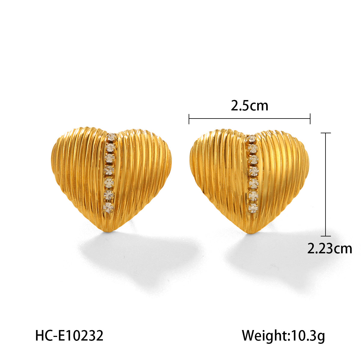 Trendy 18K Gold Plated Stainless Steel Heart Stud Earrings with Rhinestone Inlay for Women