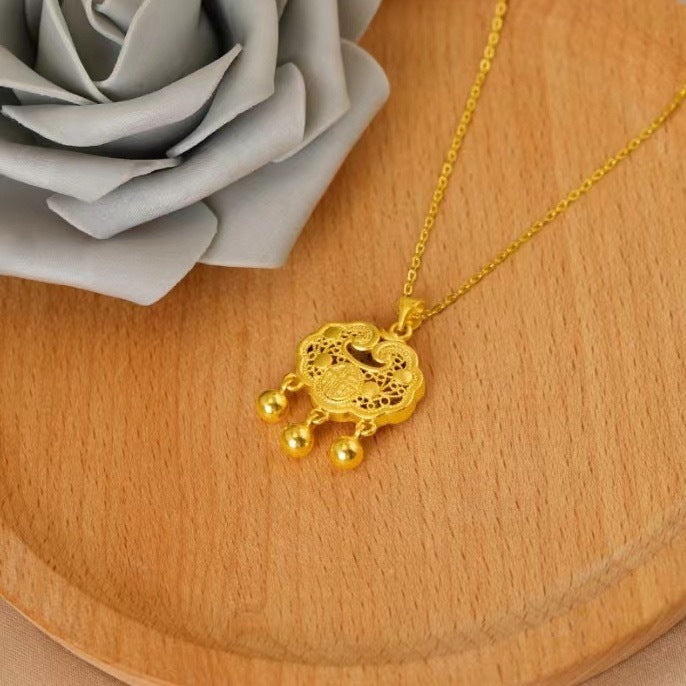 Original Design Irregular Shape Brass-Plated Titanium Steel Pendant Necklace with Feng Character Bell and Peace Lock for Men