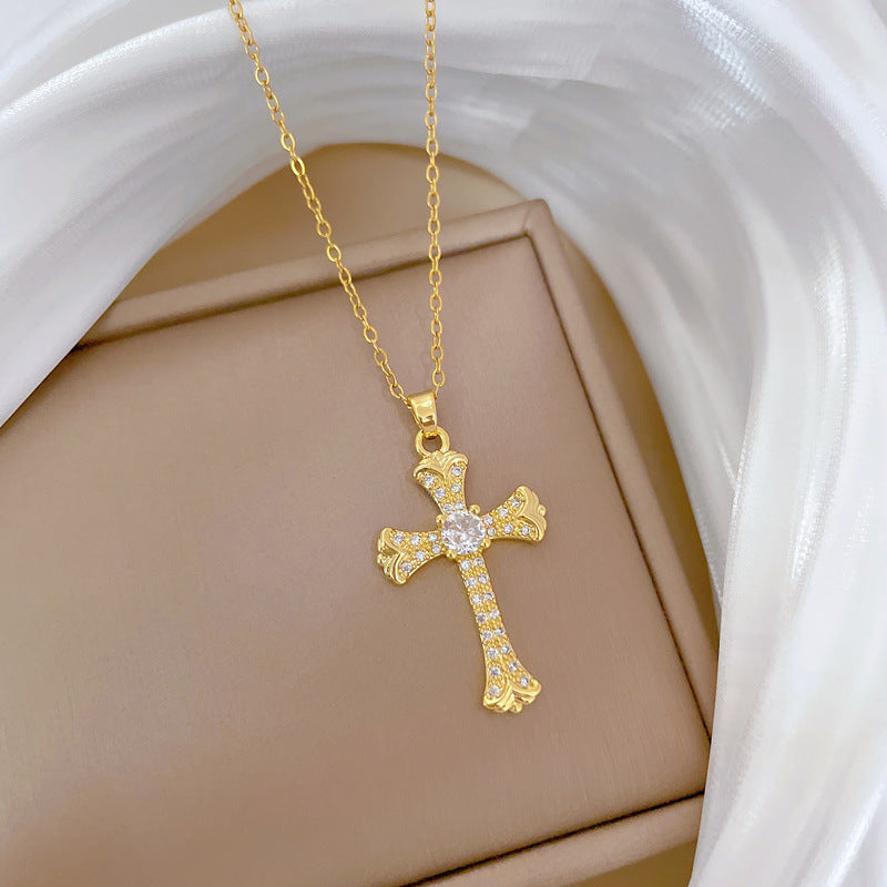 Collana di lusso con strass a croce geometrica, catena con ciondolo in acciaio al titanio, unisex