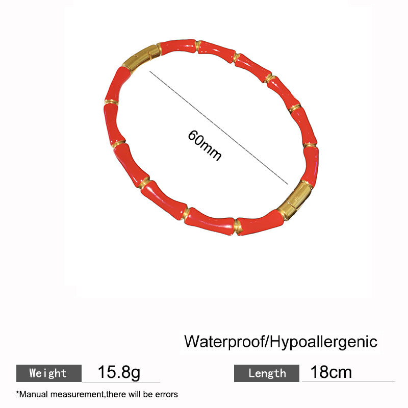 Vintage Red Enamel Geometric Bamboo Titanium Steel Bangle Bracelet for Women