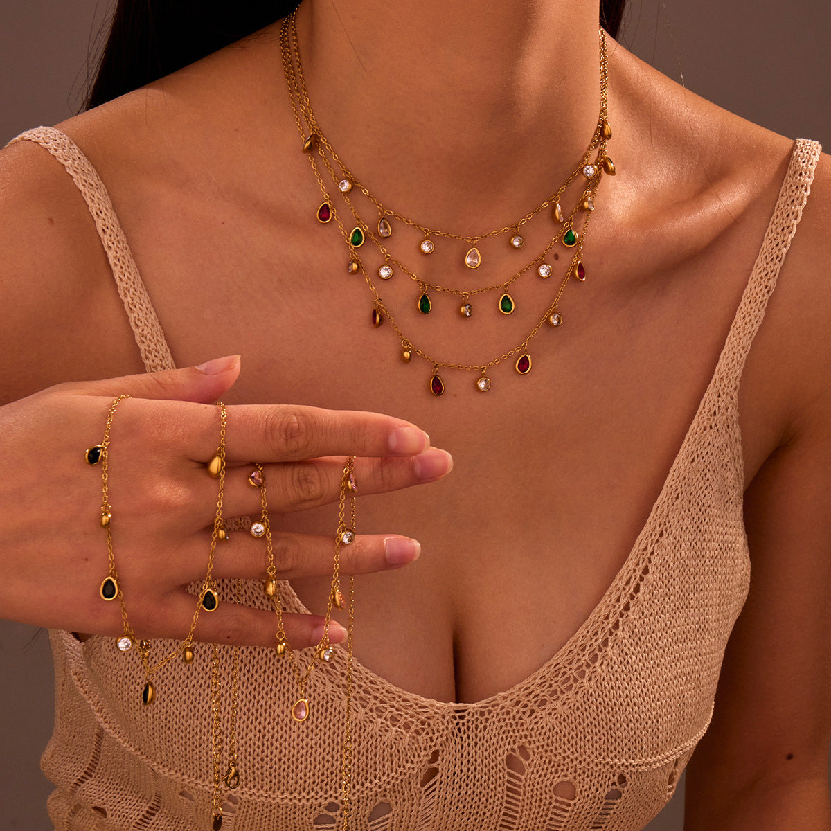 Fashionable Geometric Stainless Steel Pendant Necklace with Colorful Zircon Tassels Plated in 18K Gold for Women