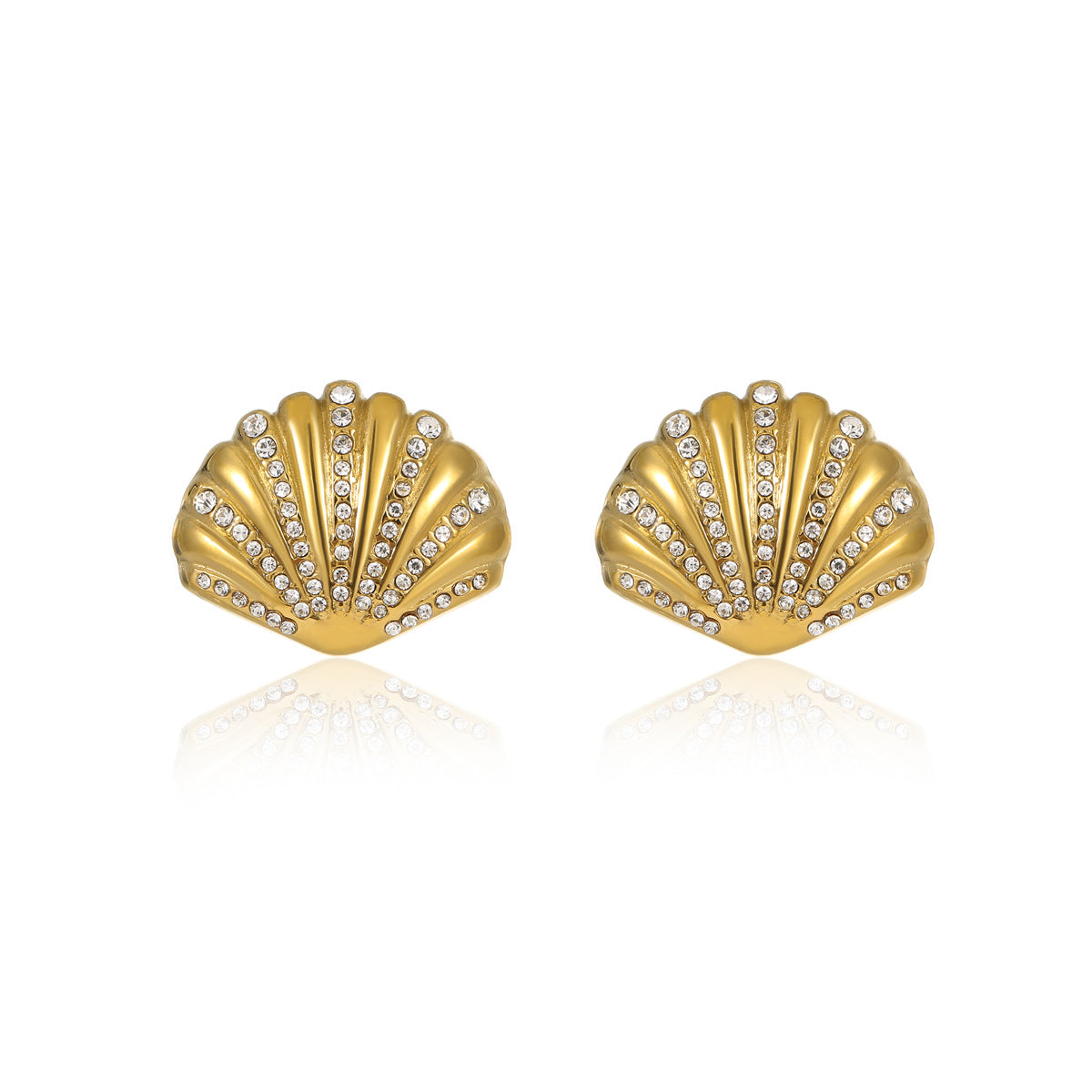 Pendientes de tuerca de acero inoxidable con forma de concha elegante adornados con circonitas para mujer con acabado chapado