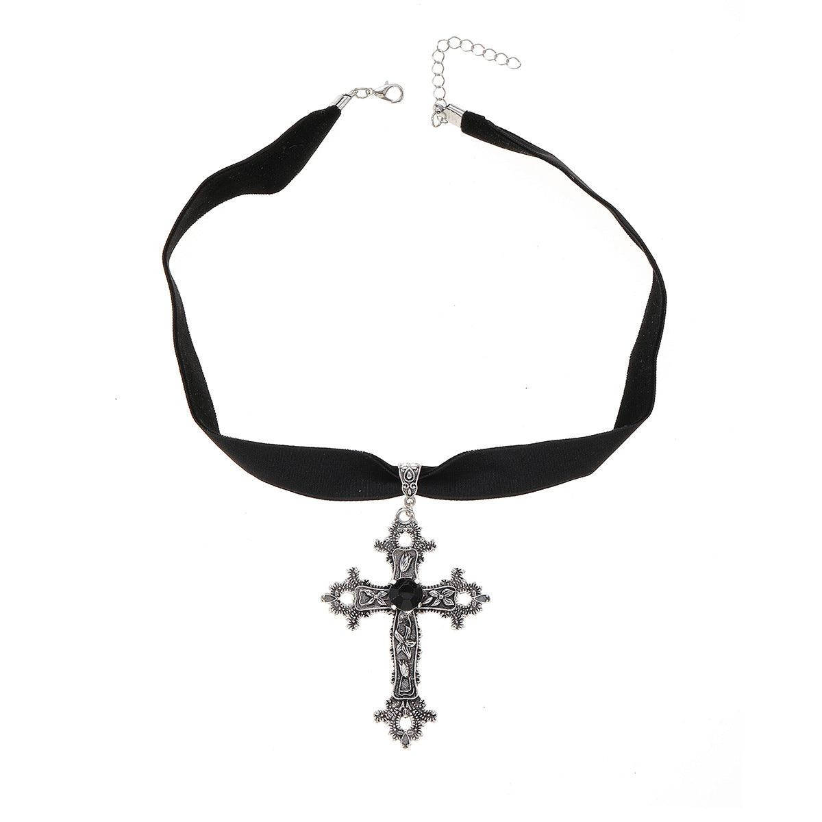 Collar con colgante de cruz estilo gótico para mujer, gargantilla floral hueca de aleación de zinc con acabado galvanizado