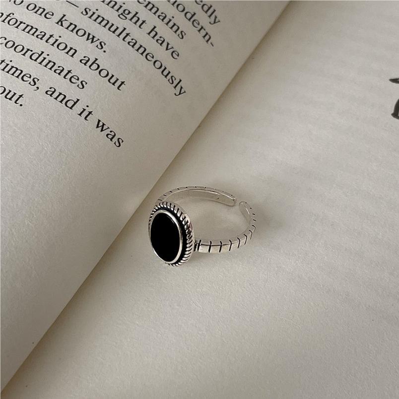 Anello regolabile in argento sterling 925 a forma di fiore, stile vintage francese, con agata nera da donna